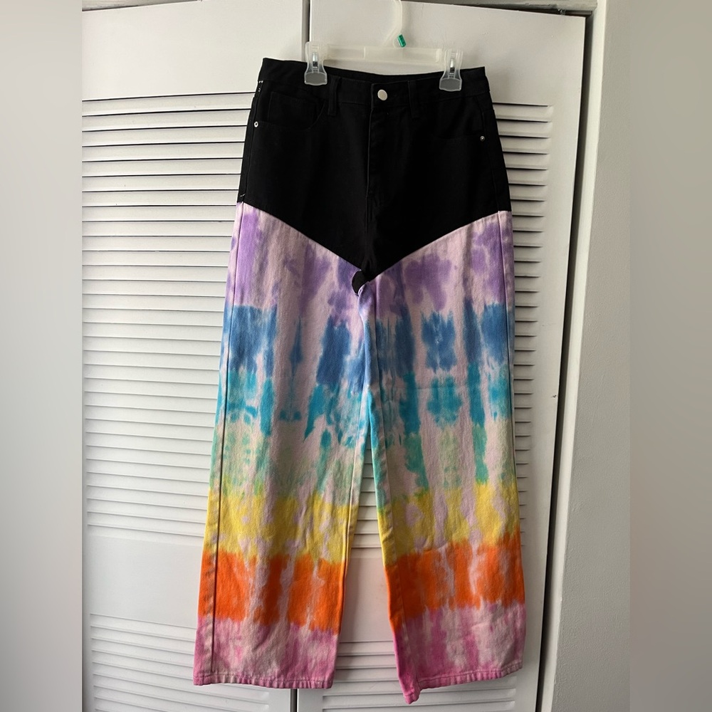 SHEIN Women's Black and Rainbow Tie Dye Wide-Legged Pants, Size M